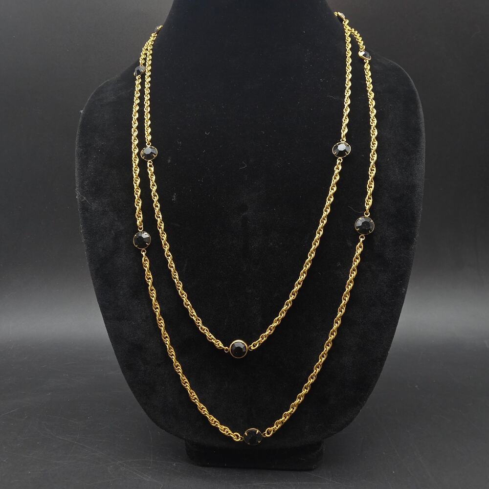 Black Glass Gold Tone Chain Necklace Long Layering Vintage Jewelry